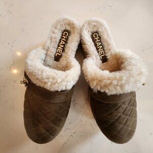 Chanel Suede Calfskin Shearling Turn Lock Clogs, Authentic
